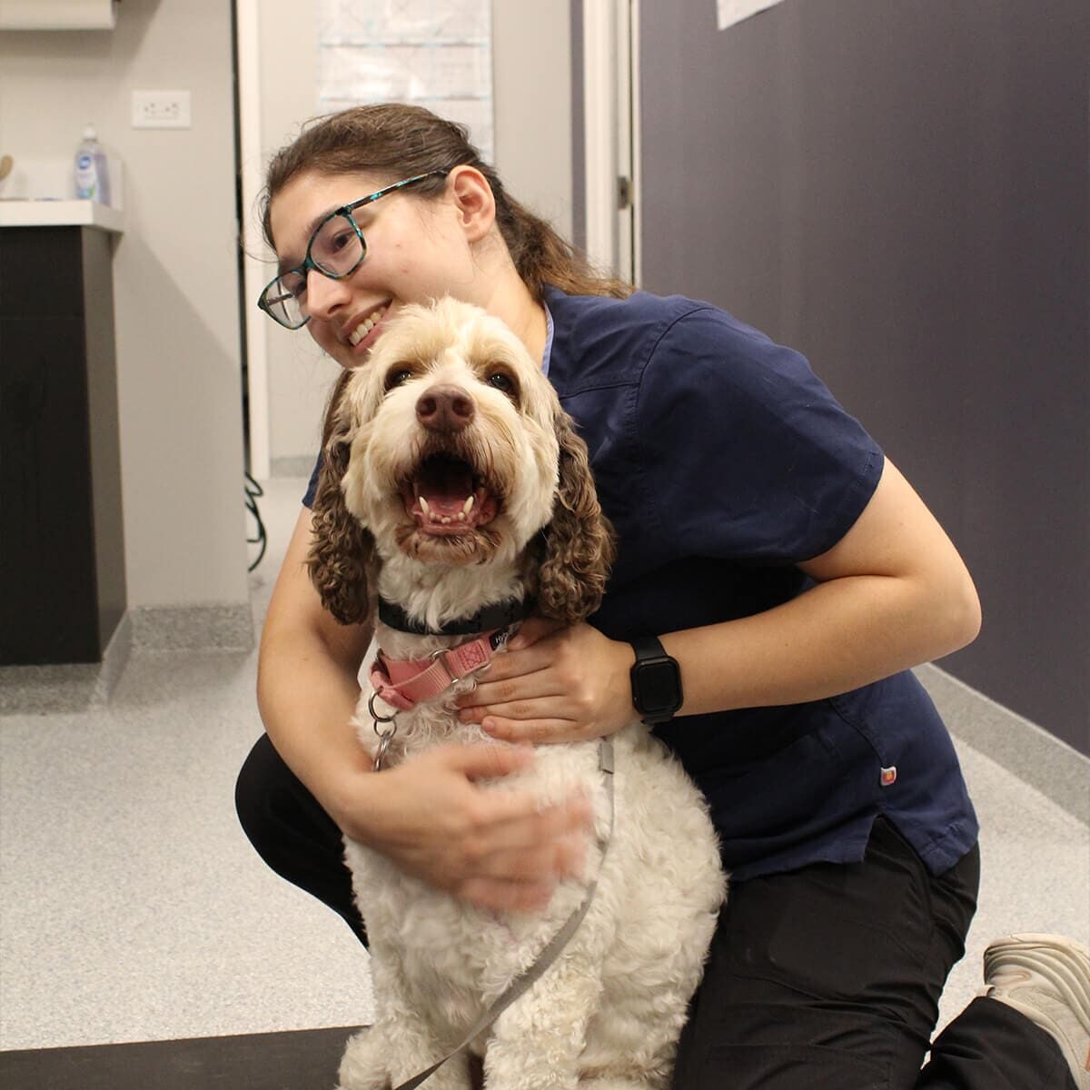 female vet staff member embraces happy dog on floor of exam room